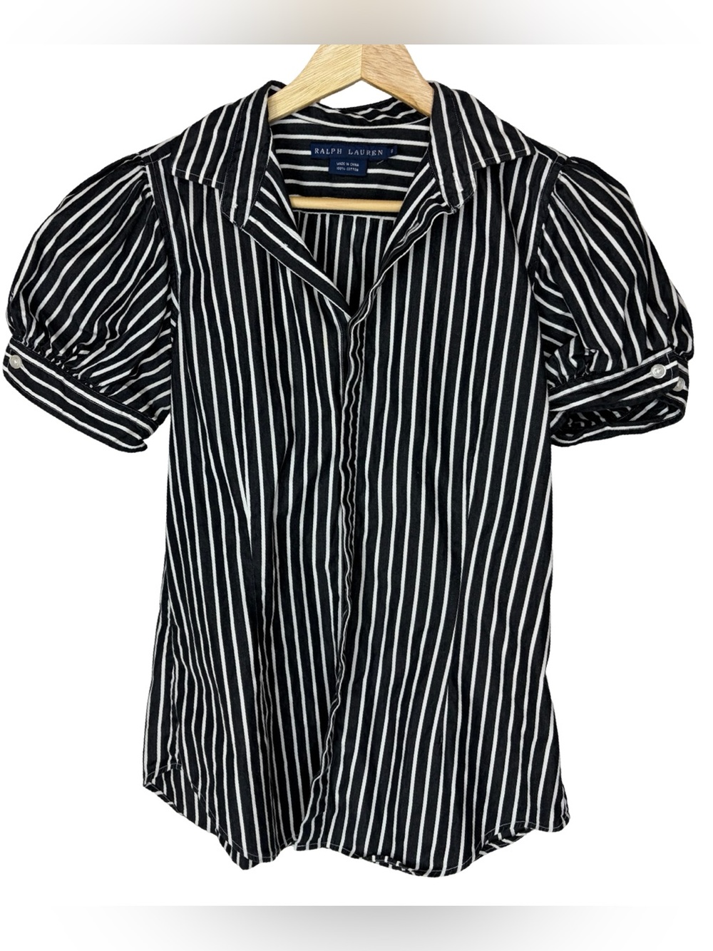 Ralph Lauren Black & White Vertical Stripe Puff-Sleeve Shirt